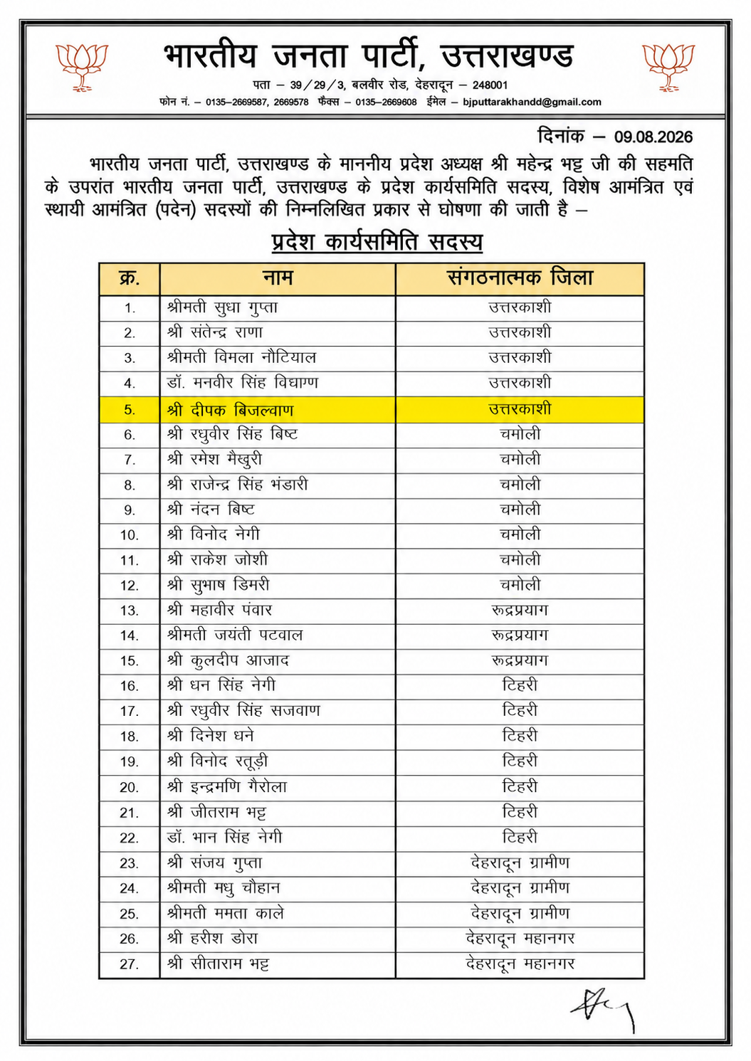 भाजपा प्रदेश कार्यकारिणी में शामिल किए गए पूर्व जिला पंचायत अध्यक्ष दीपक बिजल्वाण